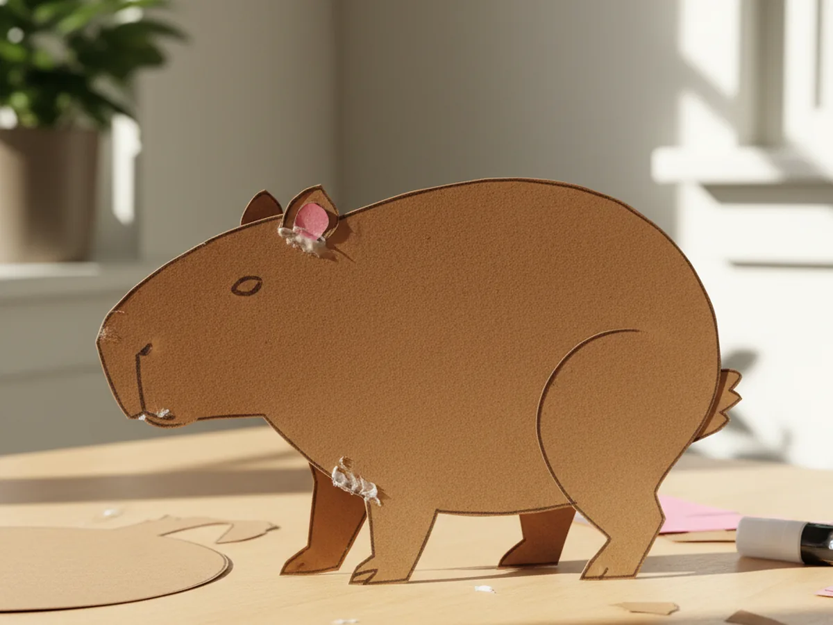 Four short stubby brown paper legs glued under the bottom edge of a paper capybara craft body with the head and ears already attached