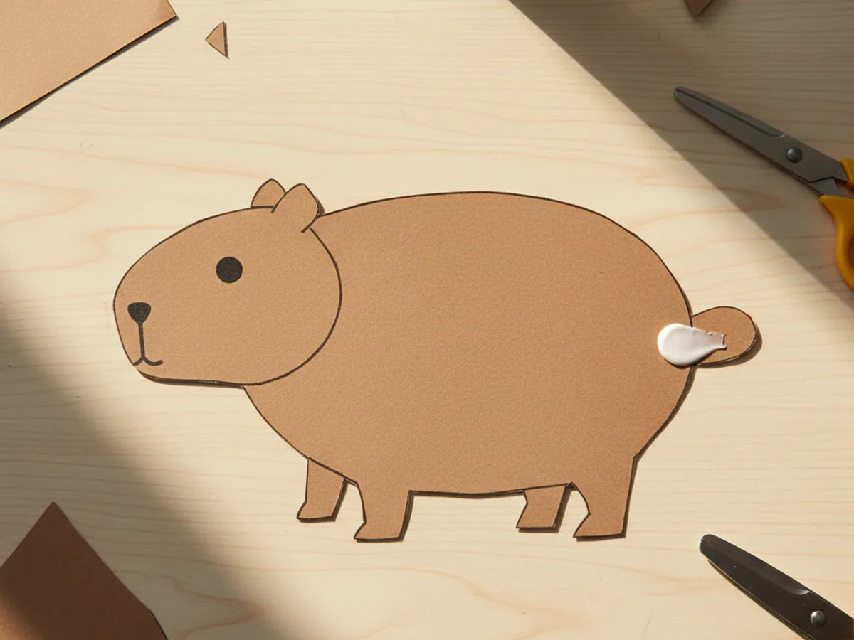 A small rounded brown paper tail glued onto the back edge of a paper capybara craft body with the head, ears, legs, eyes, and nose already in place