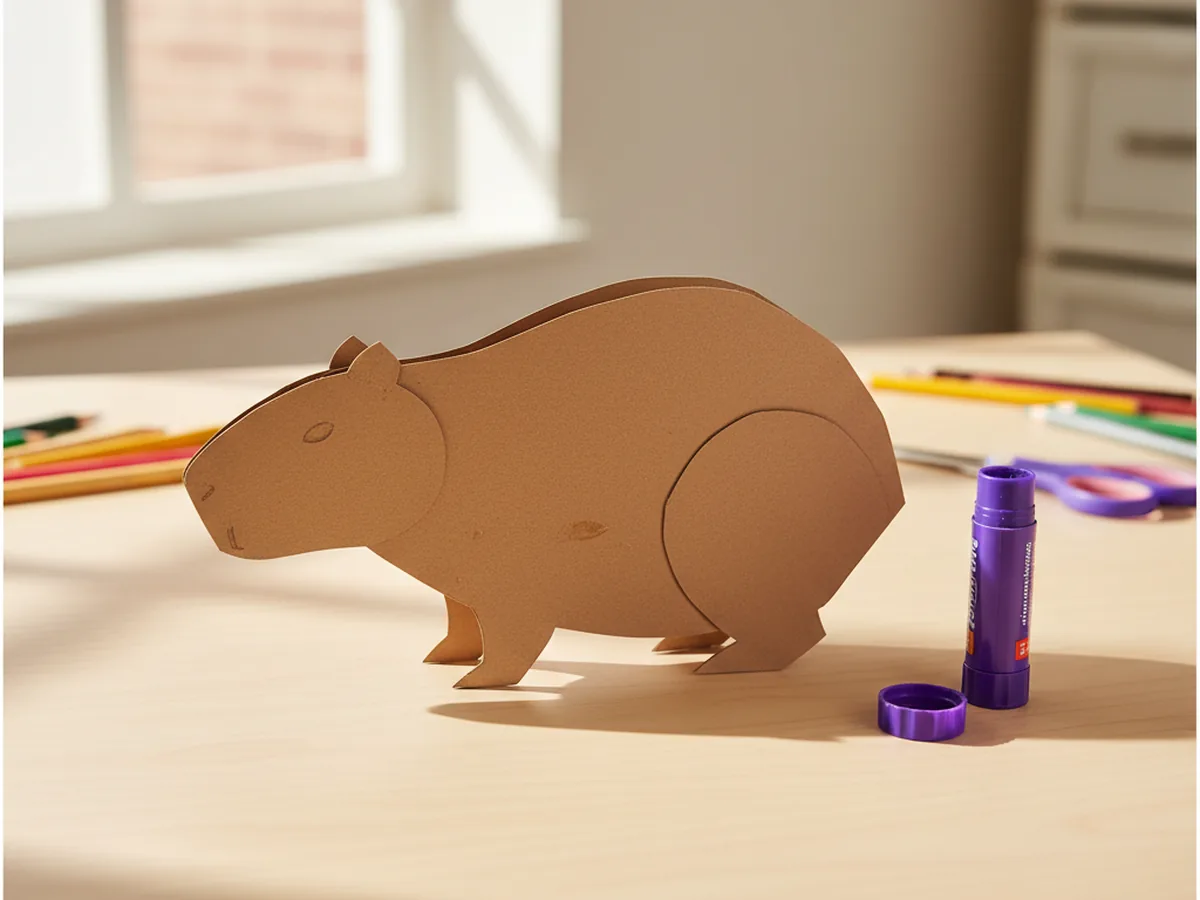 A smaller rounded brown paper head shape glued onto the front edge of the larger oval brown body of a paper capybara craft on a wood craft table