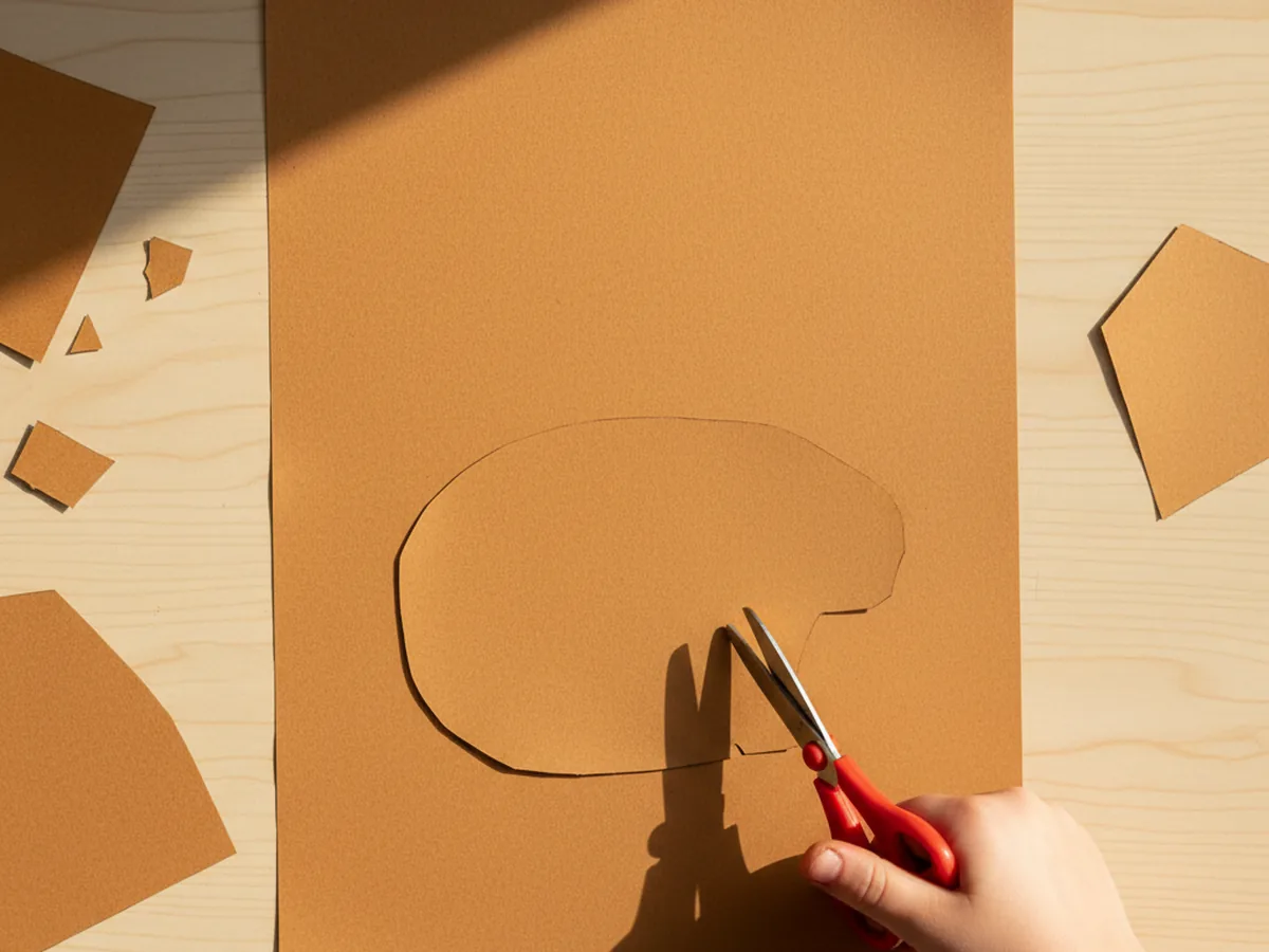A child's hand using red kids safety scissors to finish cutting out a chunky rounded oval brown construction paper body for a capybara paper craft on a craft table
