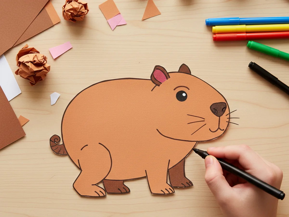 A child's hand using a black marker to draw a soft smile, whiskers, and tiny toe lines onto a finished paper capybara craft