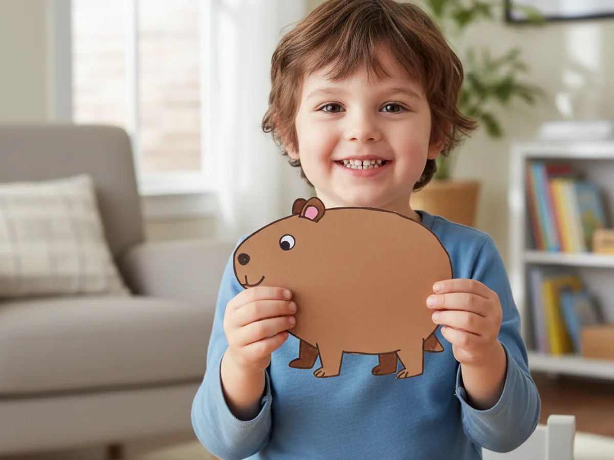 A cheerful young child holding up a finished handmade paper capybara craft with both hands and smiling proudly