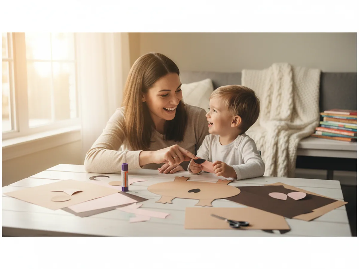 A mom and young child sitting together at a craft table, smiling and starting a paper capybara craft with brown, pink, and black construction paper and a glue stick