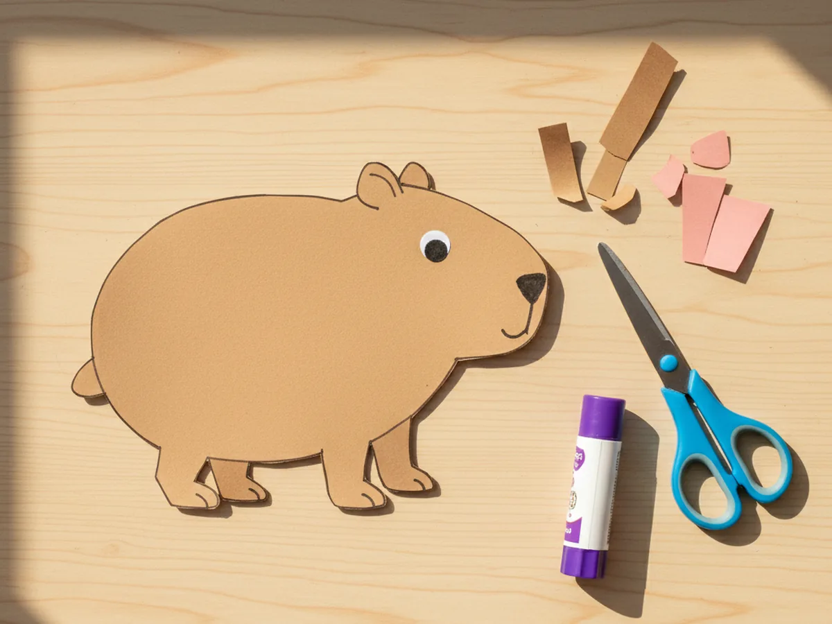 Finished capybara paper craft made from warm light-brown construction paper with pink inner ears, a round body, four short legs, black eyes, and a small tail on a craft table
