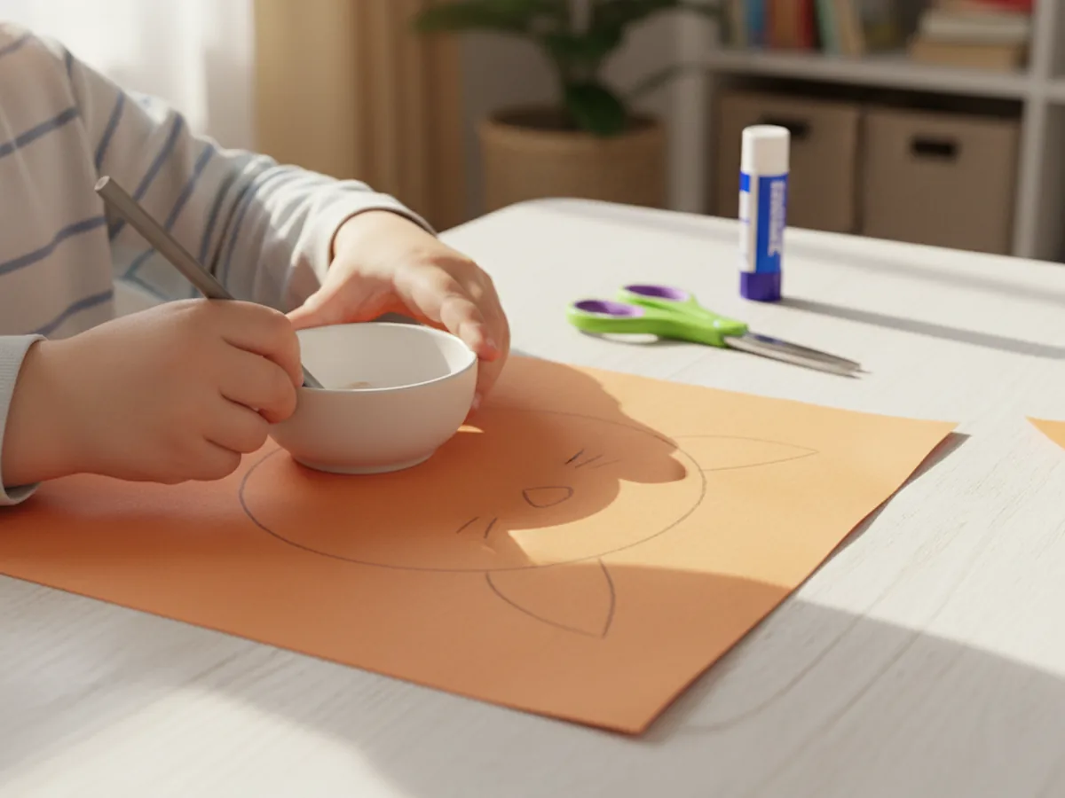 A child tracing a large circle onto orange construction paper using a small bowl, with scissors and glue nearby on a craft table