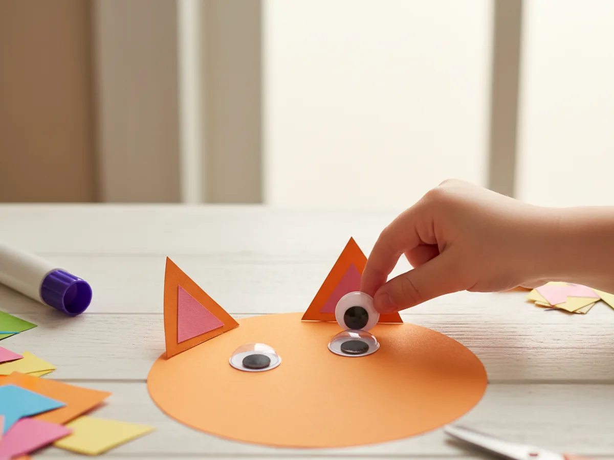 Two googly eyes pressed onto the upper half of the orange paper cat face, with the ears and inner ear details already in place