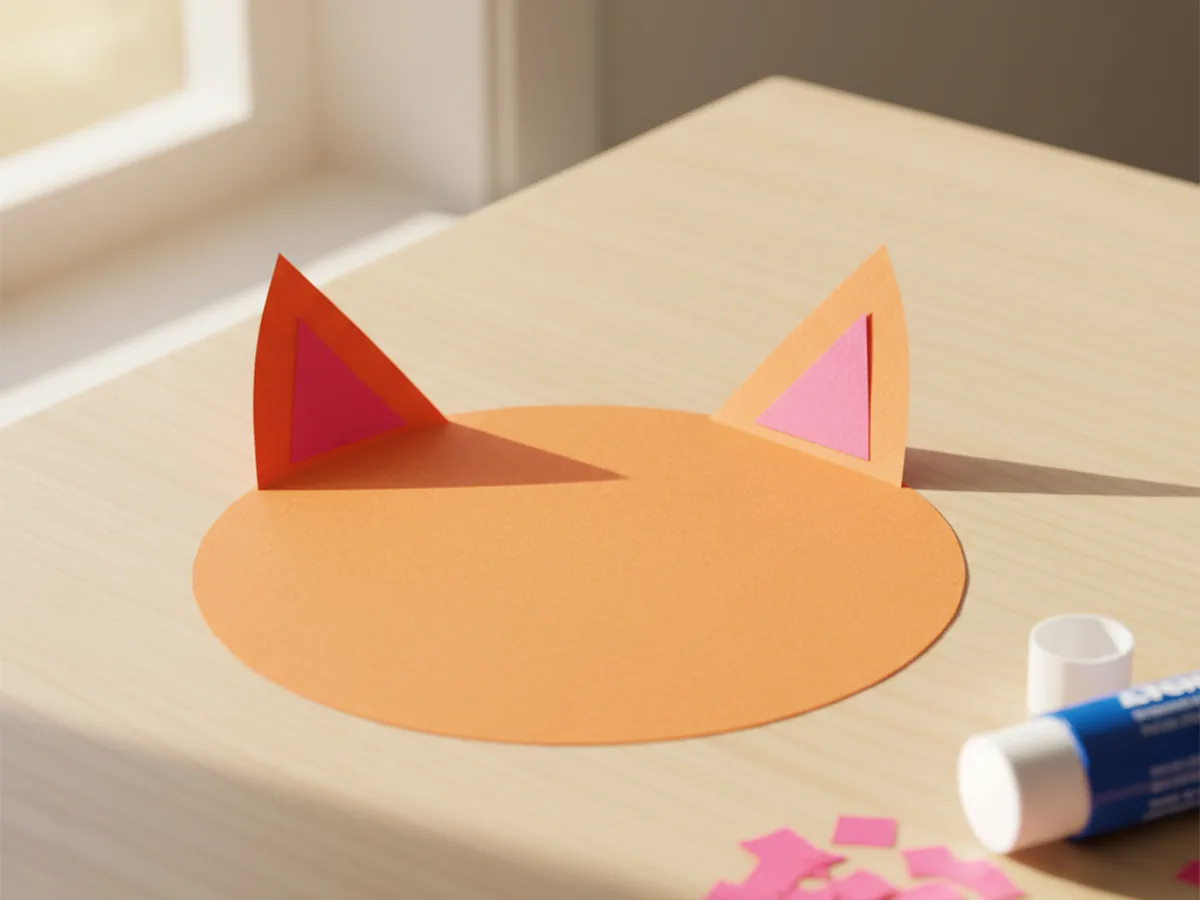 Small pink construction paper triangles glued inside each orange ear on the paper cat head, sitting on a light wood craft table