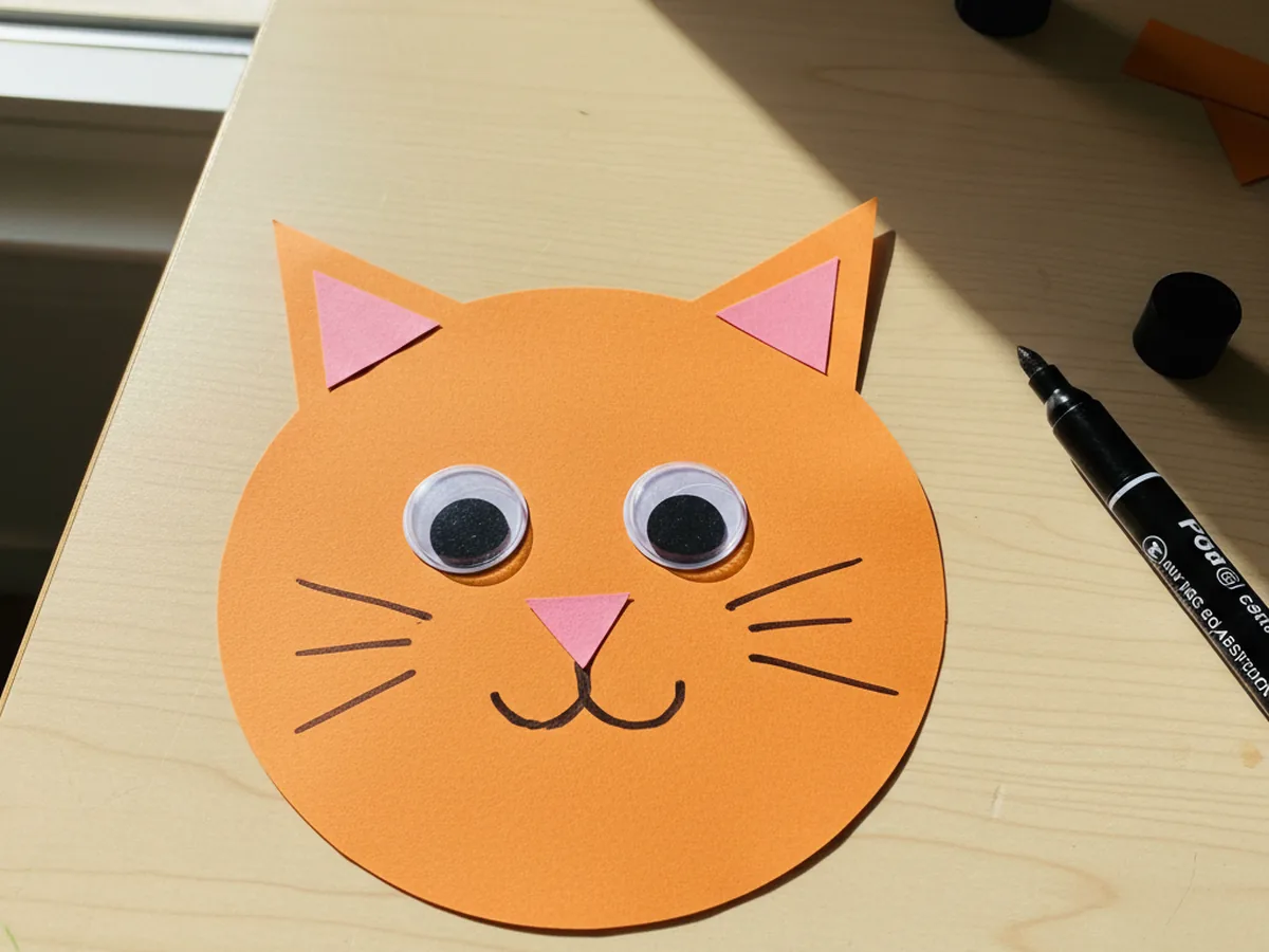 A small pink paper triangle nose glued below the googly eyes, with a black marker Y-shape mouth drawn below it on the cat craft