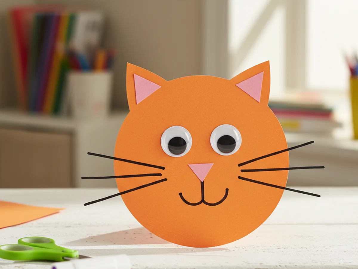 Completed cat paper craft with googly eyes, pink nose, marker whiskers, and a cheerful expression displayed on a white craft table
