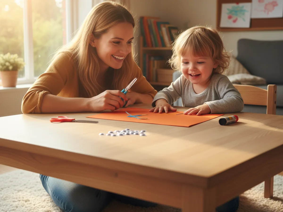 A mom and young child sitting together at a craft table, smiling and ready to make a cat paper craft with construction paper