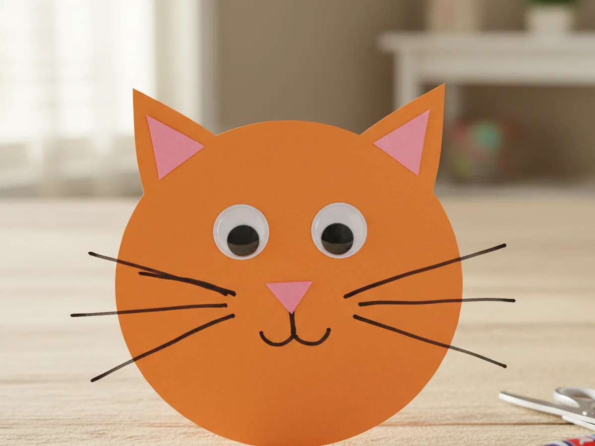 Finished cat paper craft face made from orange construction paper with googly eyes, pink nose, and marker whiskers on a white craft table