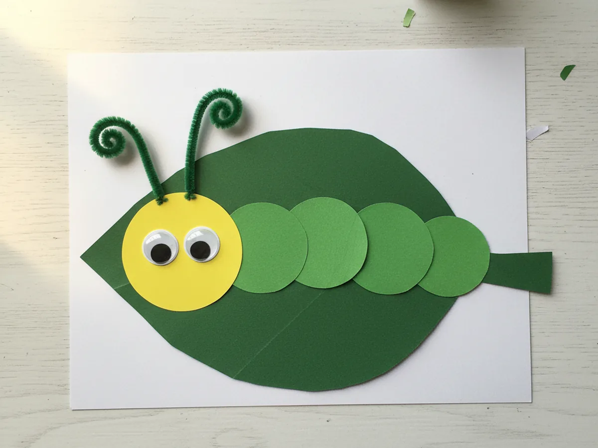 Two short curled pipe cleaner antennae attached to the top of the yellow caterpillar head, pointing upward like little springy antennae on the finished caterpillar paper craft