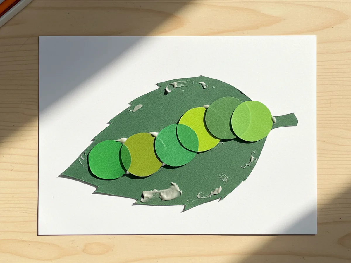 Six green construction paper circles glued in a slightly curving overlapping row across a green leaf on a white cardstock background, forming the body of the caterpillar paper craft