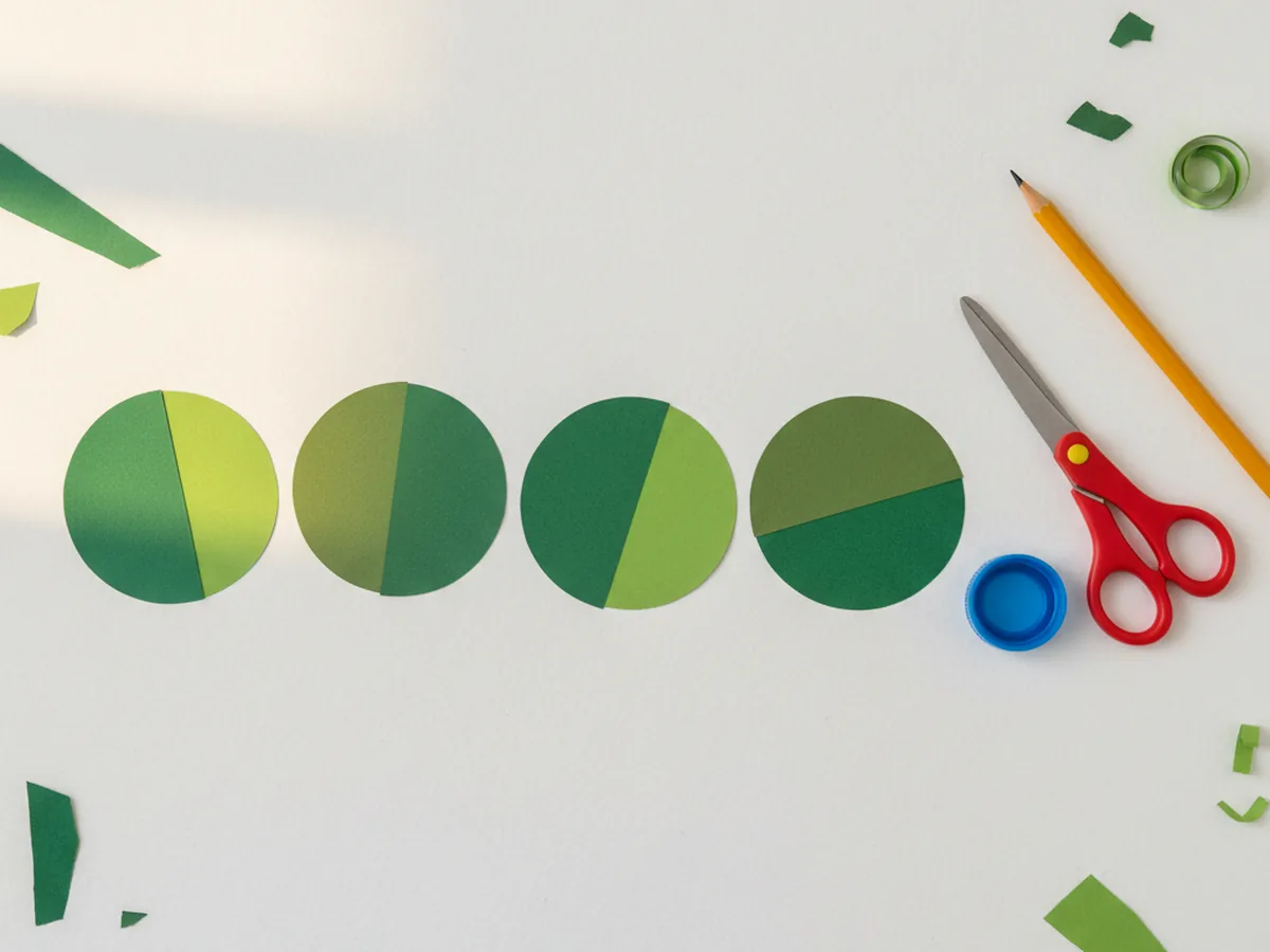 Six freshly cut green construction paper circles in slightly different shades of green laid out on a white craft table next to scissors, a pencil, and a bottle cap used as a circle template