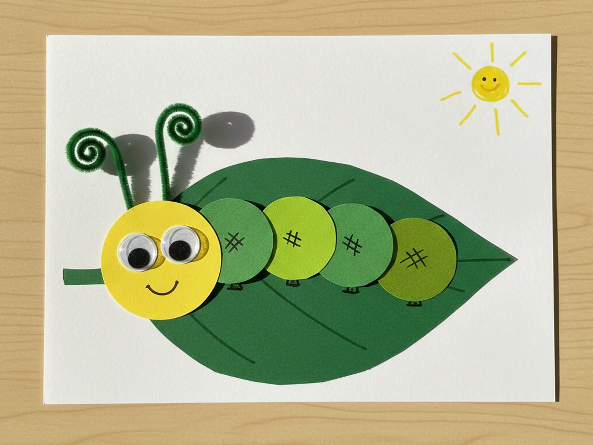 The completed caterpillar paper craft with a smiling yellow head, googly eyes, curled pipe cleaner antennae, six green body circles each decorated with marker dots, and a small drawn sun in the corner
