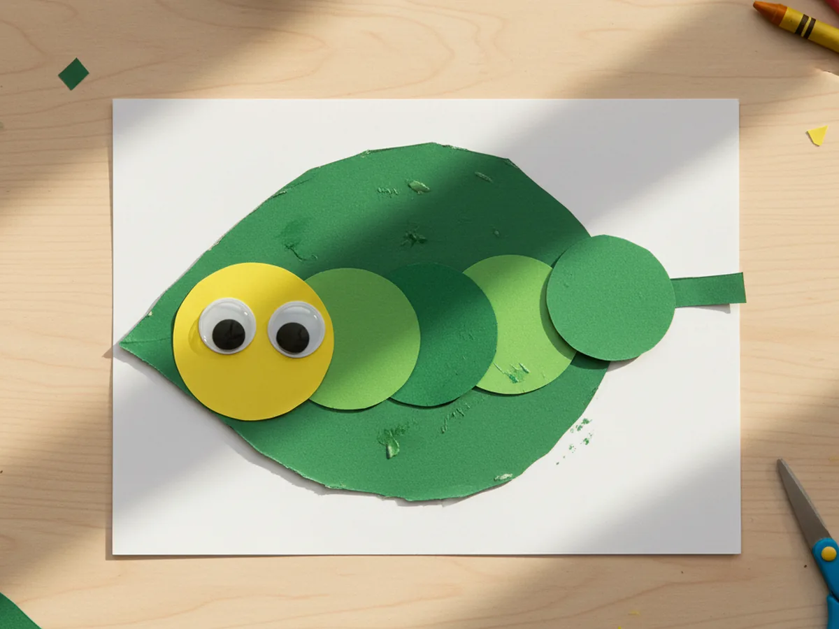 A yellow paper circle head glued to one end of the green caterpillar body row with two large googly eyes pressed onto the yellow head, sitting on the green leaf and white cardstock background