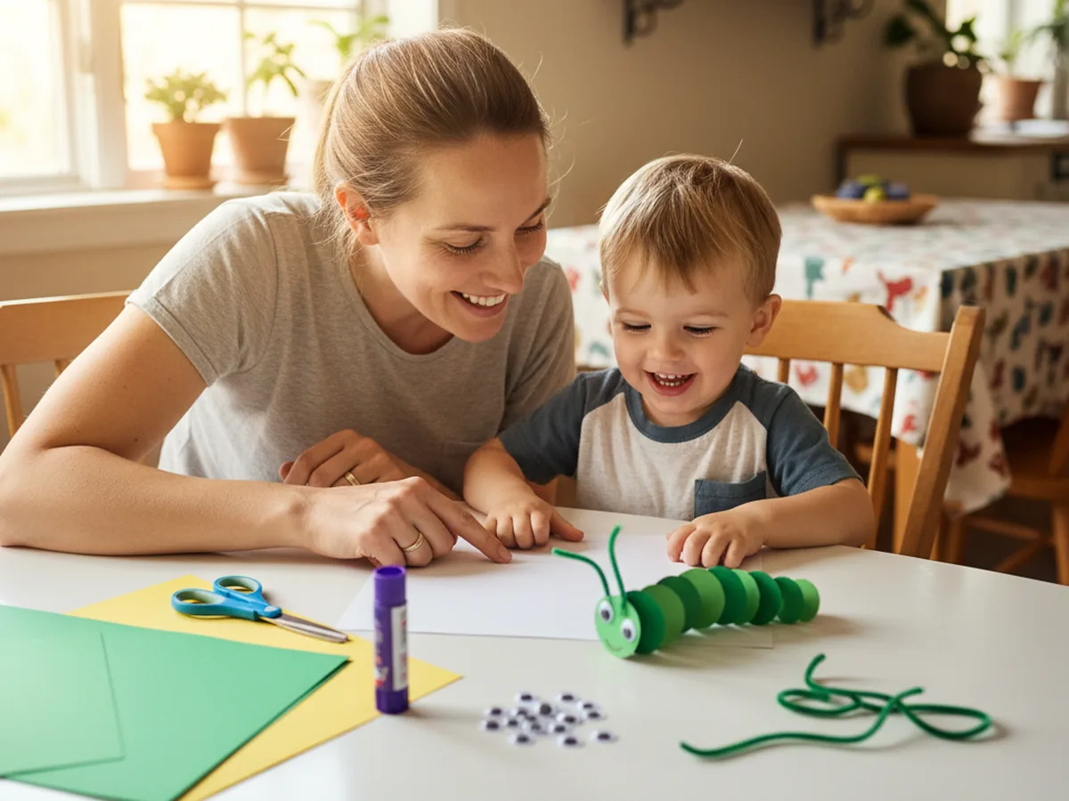 A mom and a young child sitting at a craft table with green construction paper, scissors, glue, googly eyes, and a yellow paper circle ready to make a caterpillar paper craft together