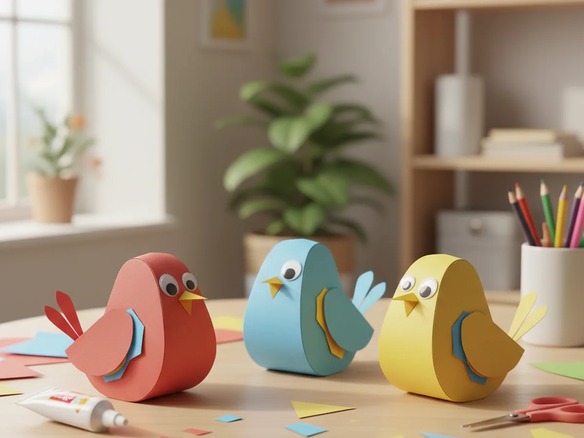 Colorful paper birds with googly eyes and layered wings made from construction paper on a bright craft table