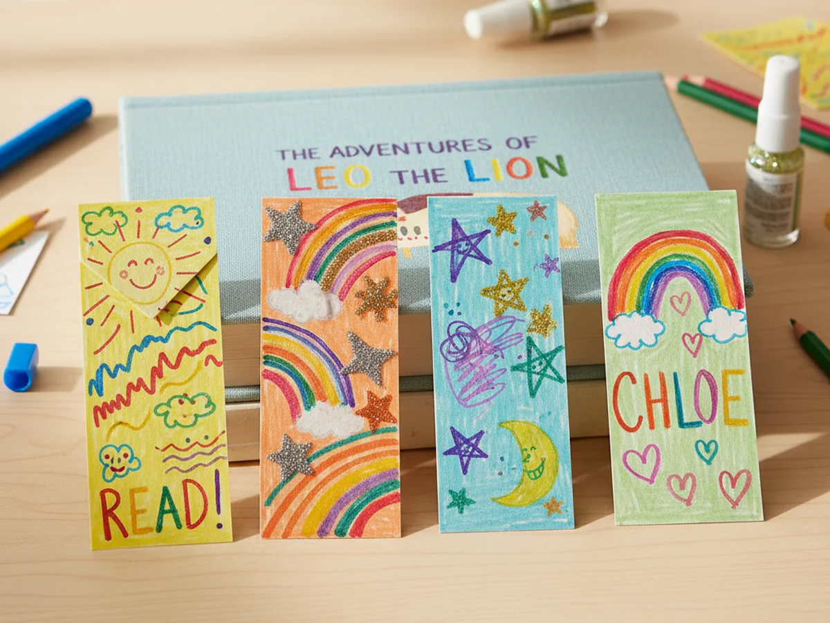 A set of colorful handmade paper bookmarks decorated with markers and doodles on a wooden table