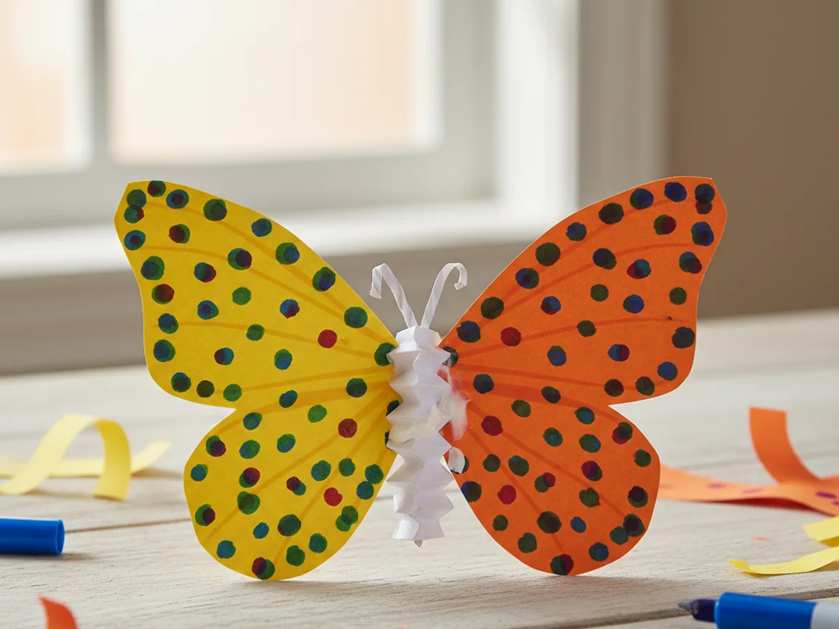 A bright paper butterfly with decorated wings made from colorful construction paper on a craft table