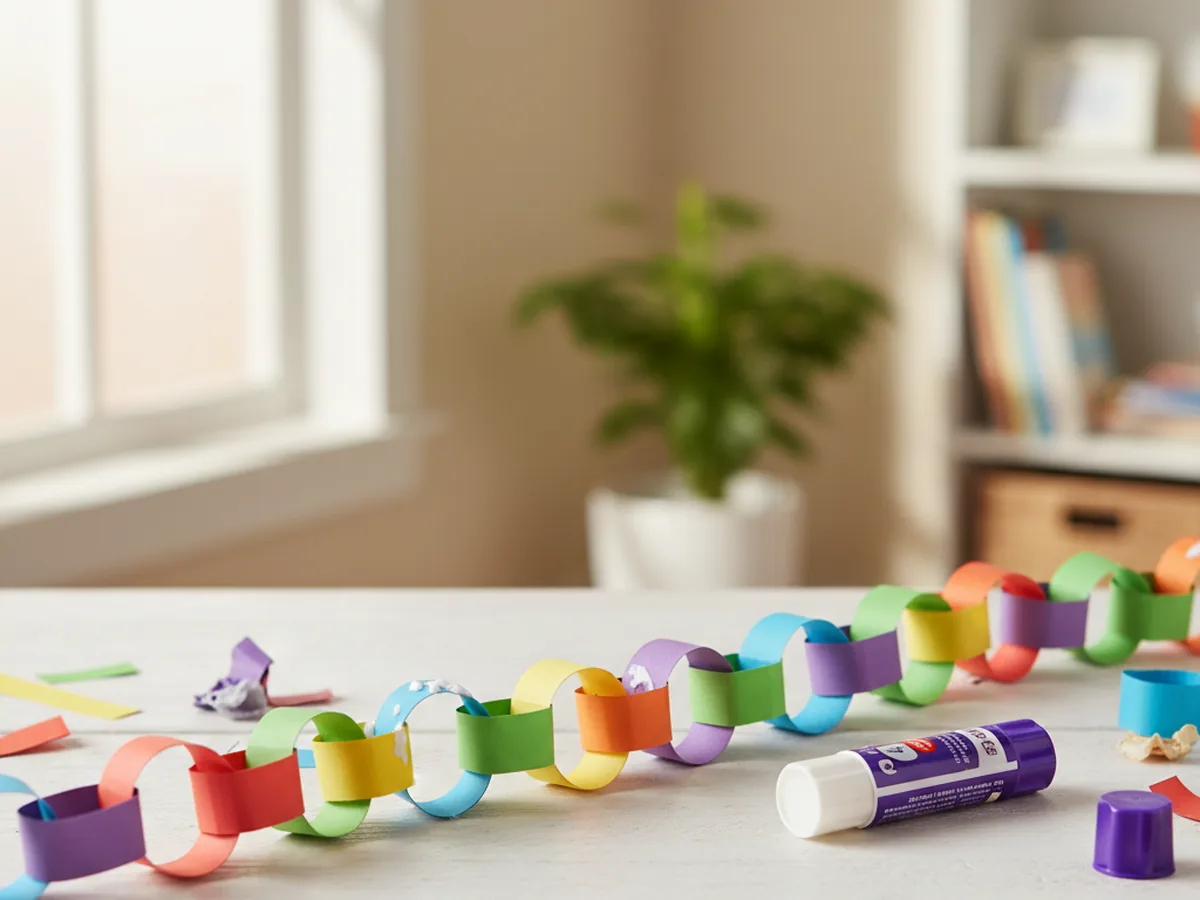 A colorful paper chain garland made from interlocked construction paper rings hanging as a decoration