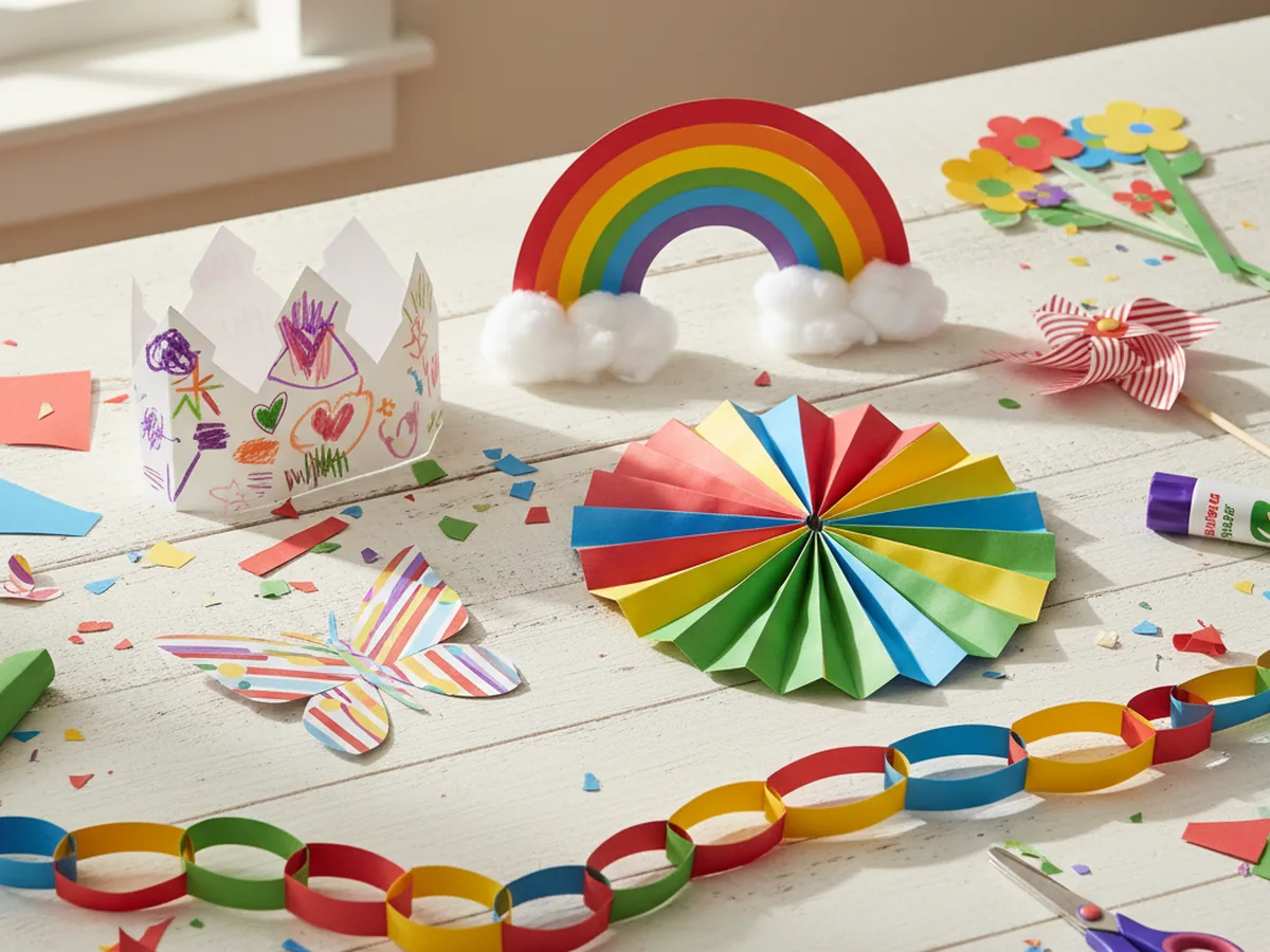 A colorful spread of children's paper craft ideas including fans, crowns, butterflies, and flowers on a bright craft table