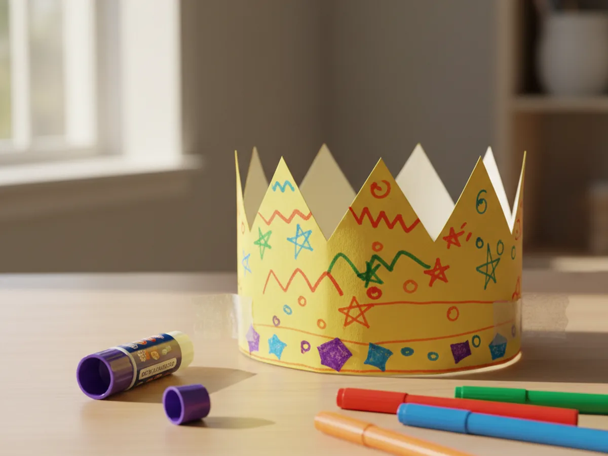 A handmade paper crown decorated with colorful markers and paper jewels on a wooden craft table