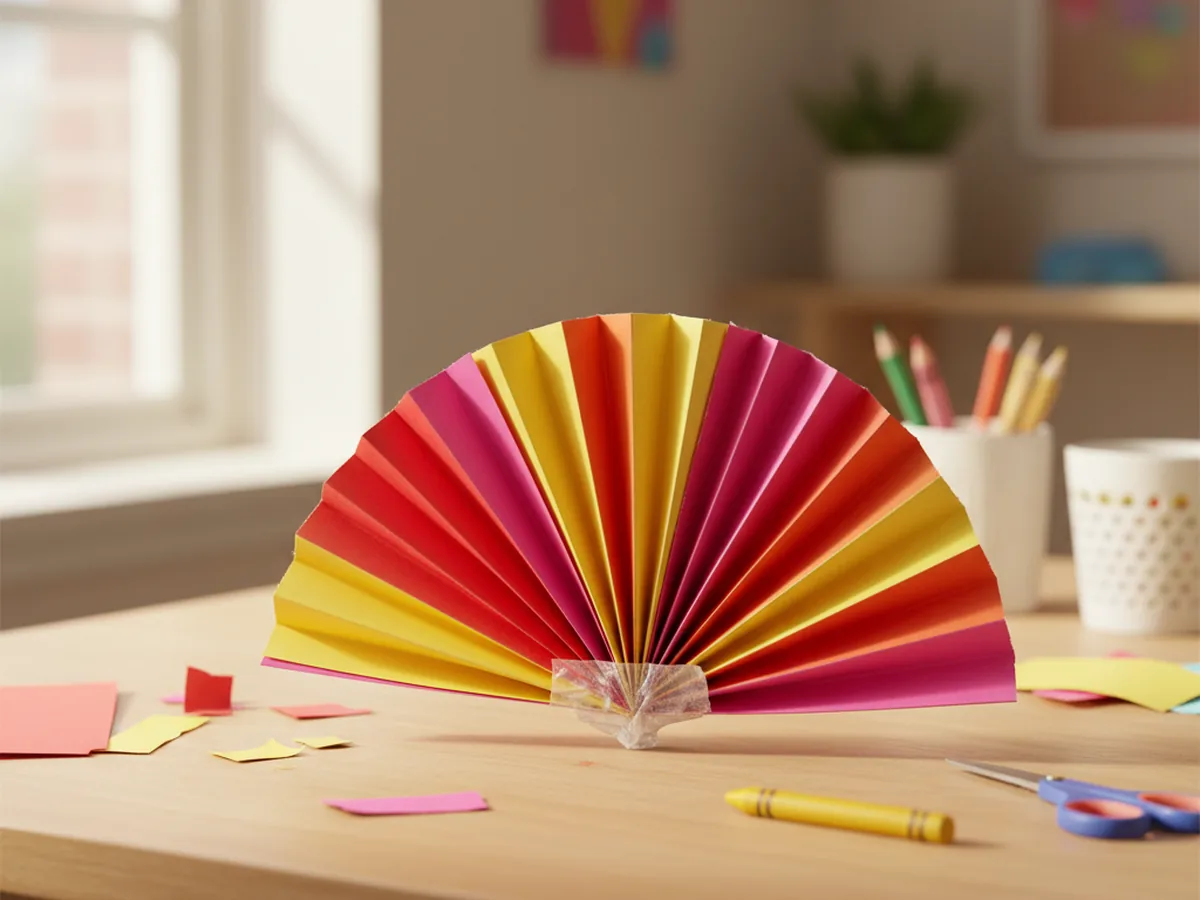 A colorful accordion-folded paper fan made from bright construction paper on a craft table