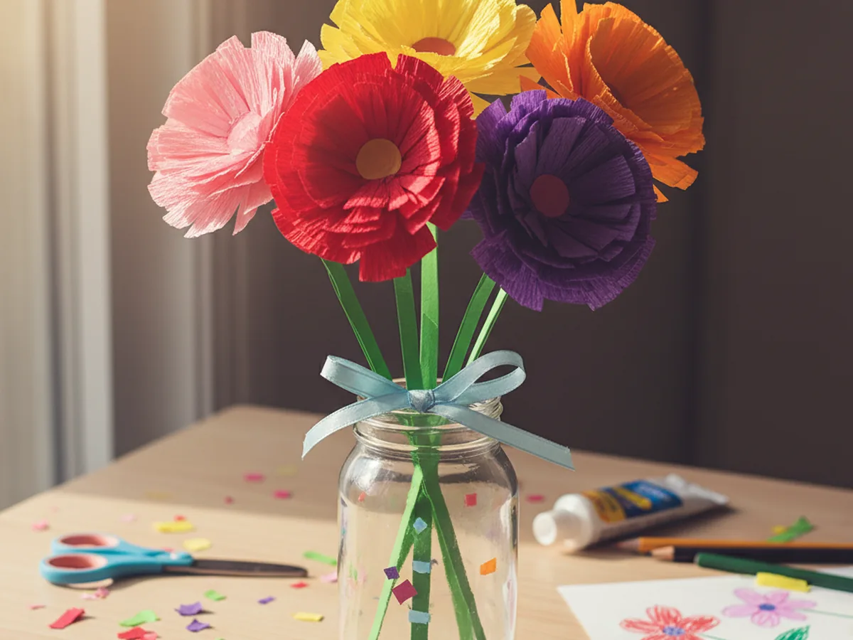 A handmade paper flower bouquet with colorful construction paper blooms and green stems on a craft table
