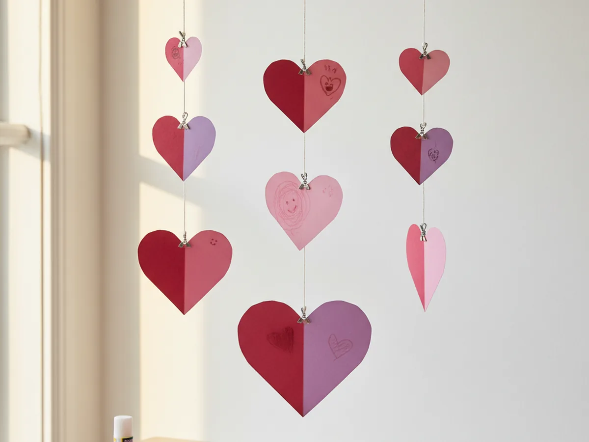A hanging paper heart mobile with colorful hearts in graduated sizes dangling from a wooden stick