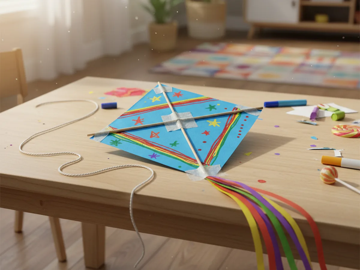 A colorful handmade paper kite decorated with bold patterns and a ribbon tail on a bright craft table