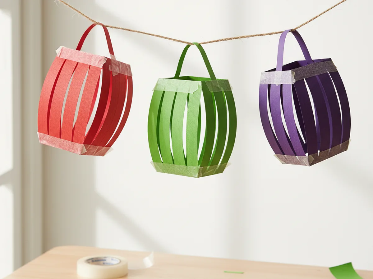 Colorful paper lanterns made from construction paper strips hanging on a string as party decorations