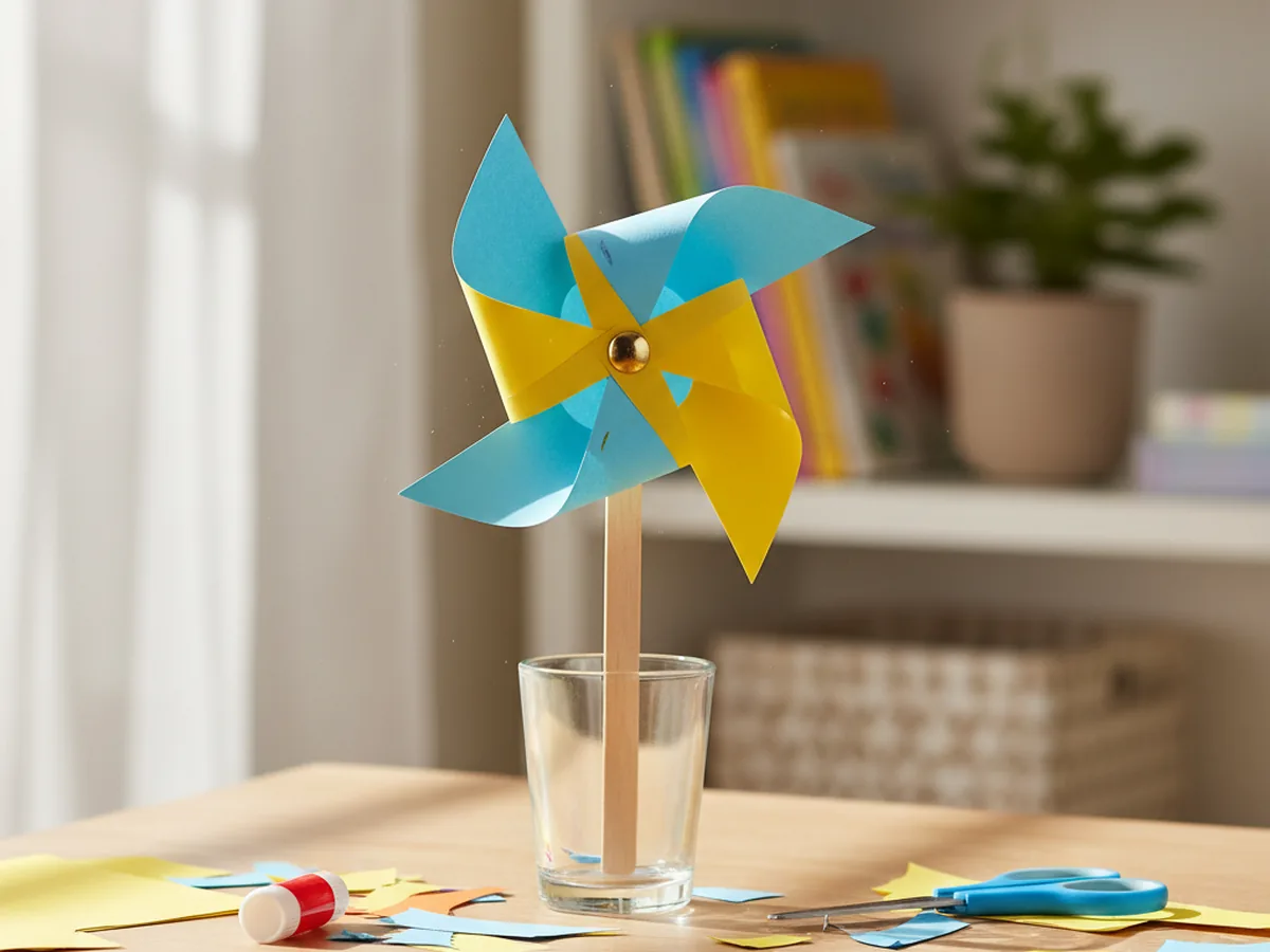 A brightly decorated paper pinwheel with a wooden stick resting on a colorful craft table