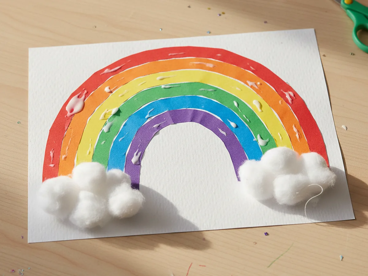 A cheerful paper rainbow with colorful construction paper strips and cotton ball clouds on a white background