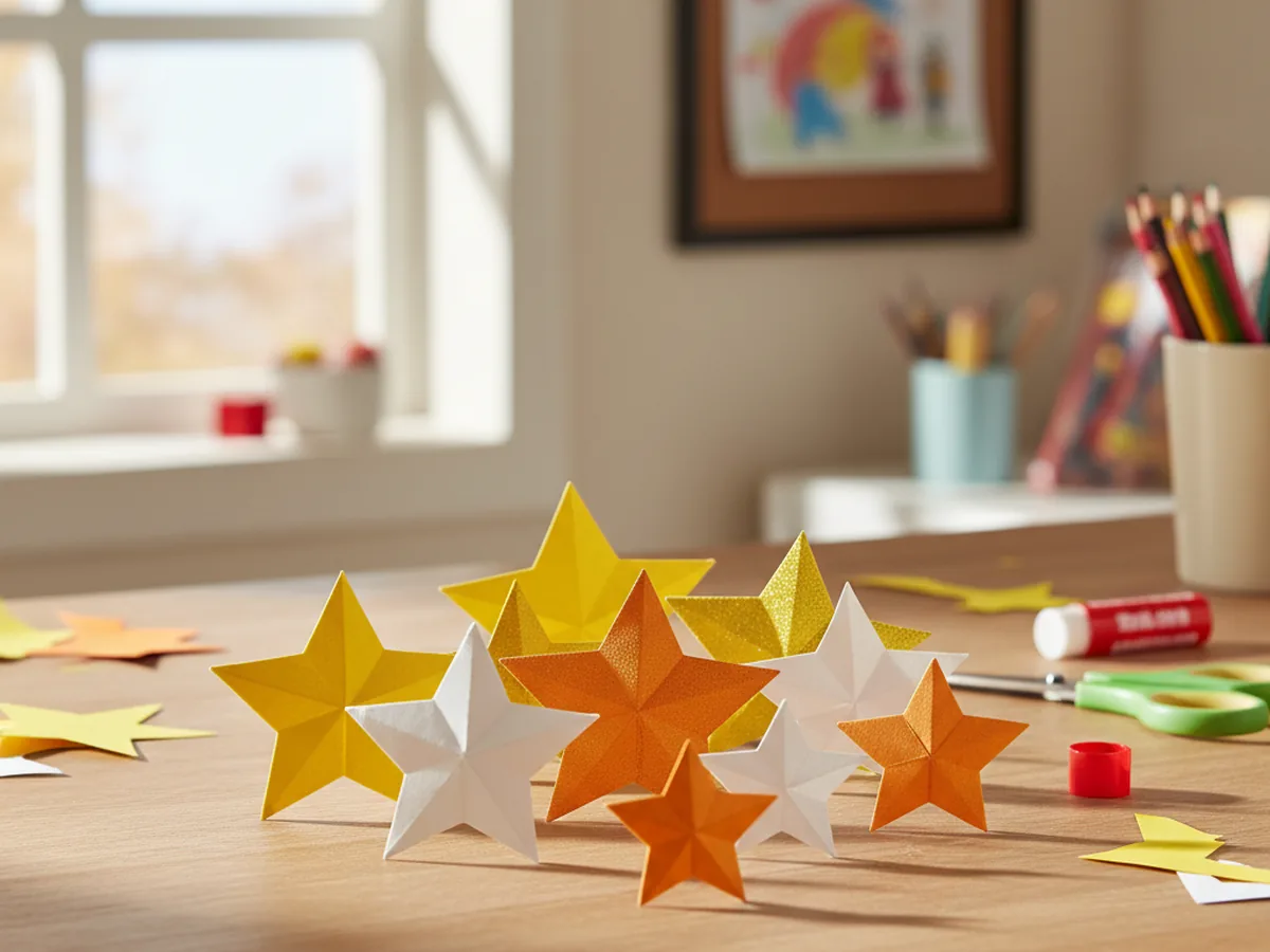 A collection of colorful five-pointed paper stars in different sizes cut from bright construction paper