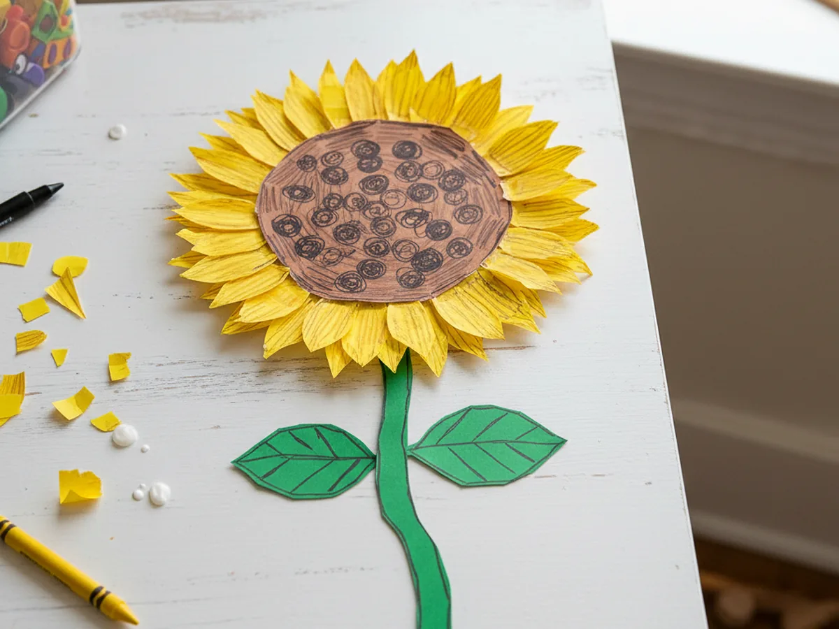 A handmade paper sunflower with yellow petals and a brown center made from construction paper on a craft table