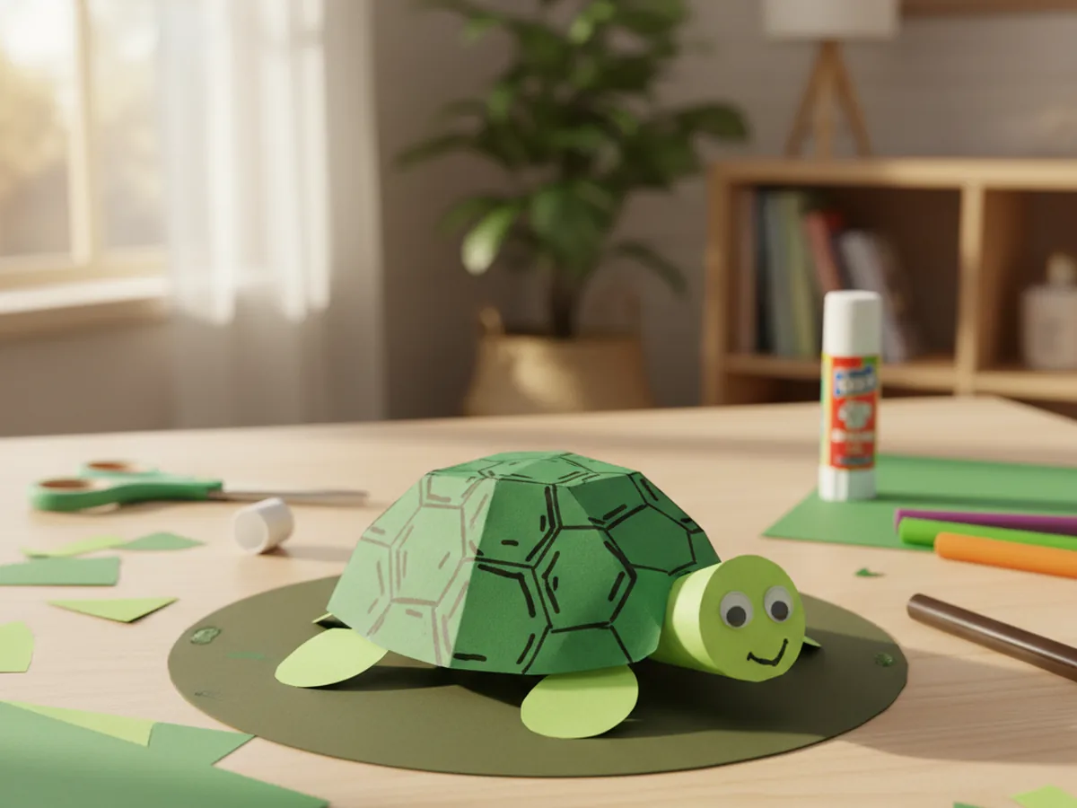 A cute paper turtle with a patterned shell, four legs, and googly eyes made from green construction paper