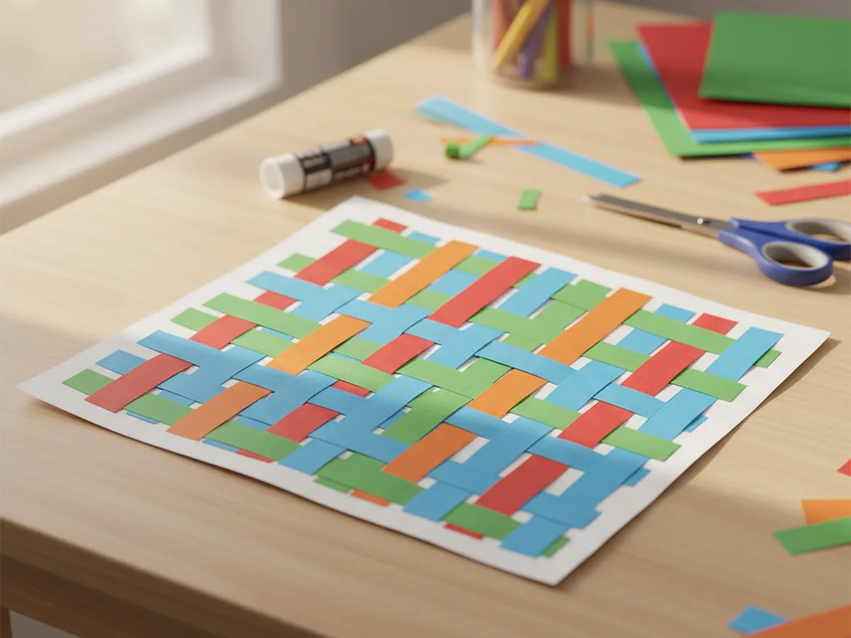A colorful woven paper mat made from interlaced strips of construction paper in rainbow colors