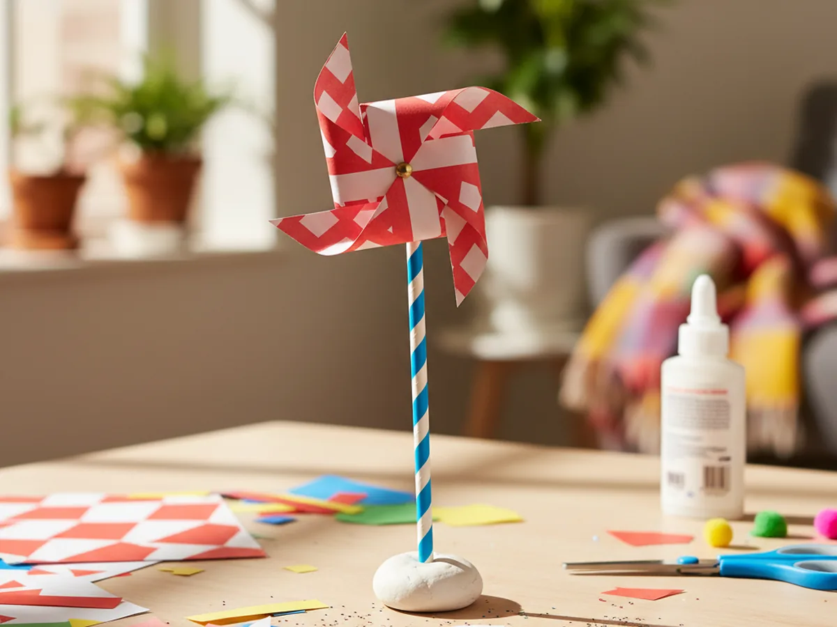 A colorful paper windmill on a craft stick with folded paper vanes in bright red and blue