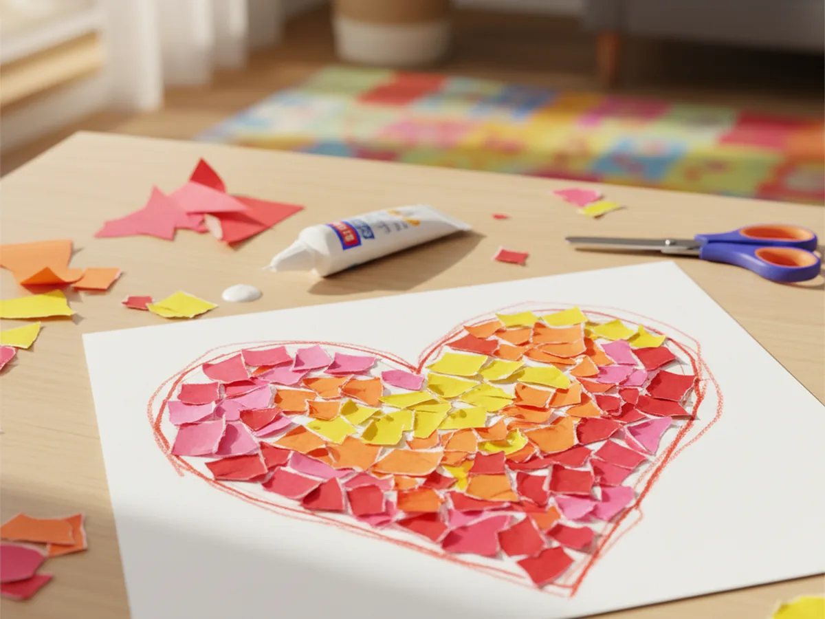 A colorful torn paper mosaic of a heart shape made from small pieces of construction paper on white cardstock