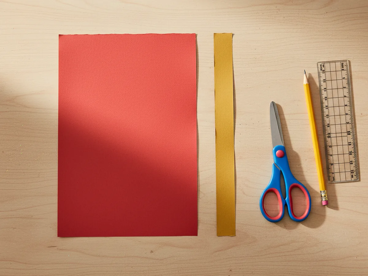 One large red construction paper rectangle and a thin gold yellow paper strip laid flat on a white craft table next to scissors, a pencil, and a ruler, ready for the chinese lanterns paper craft