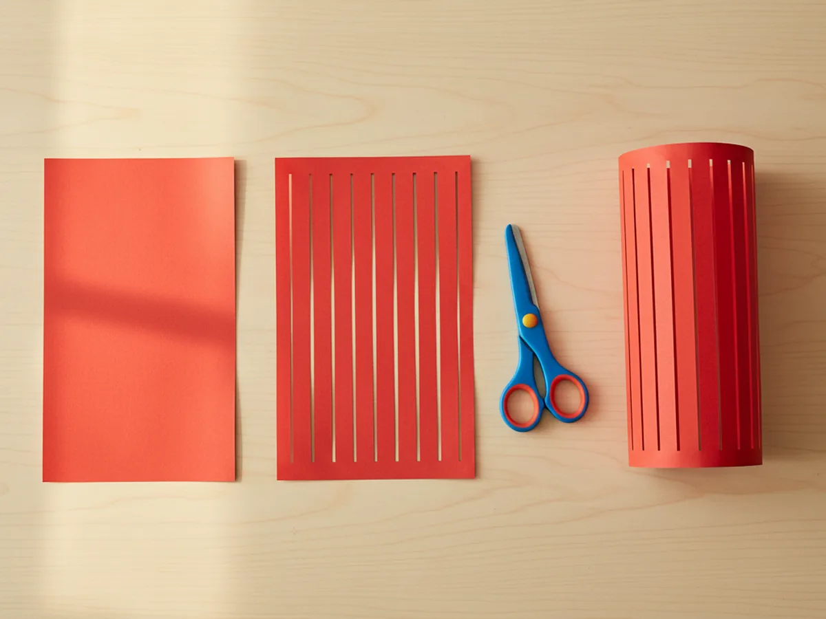 The folded red construction paper now showing many evenly spaced parallel vertical slits cut from the folded bottom edge upward, stopping just before the open top edge, with kids scissors next to it