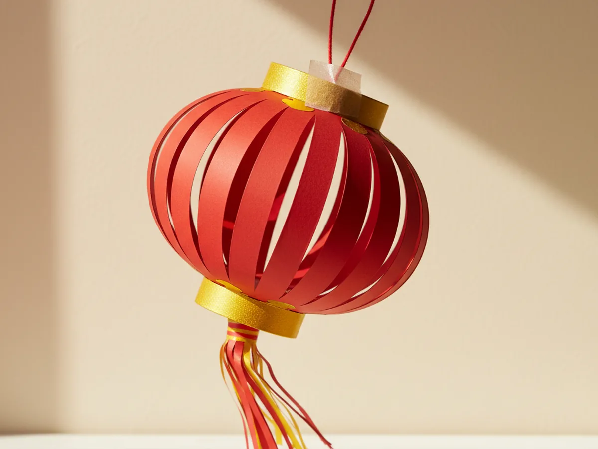 The completely finished chinese lanterns paper craft hanging by a red yarn loop in front of a soft cream wall with gold trim at the top and bottom and a small red and gold paper tassel hanging from the base