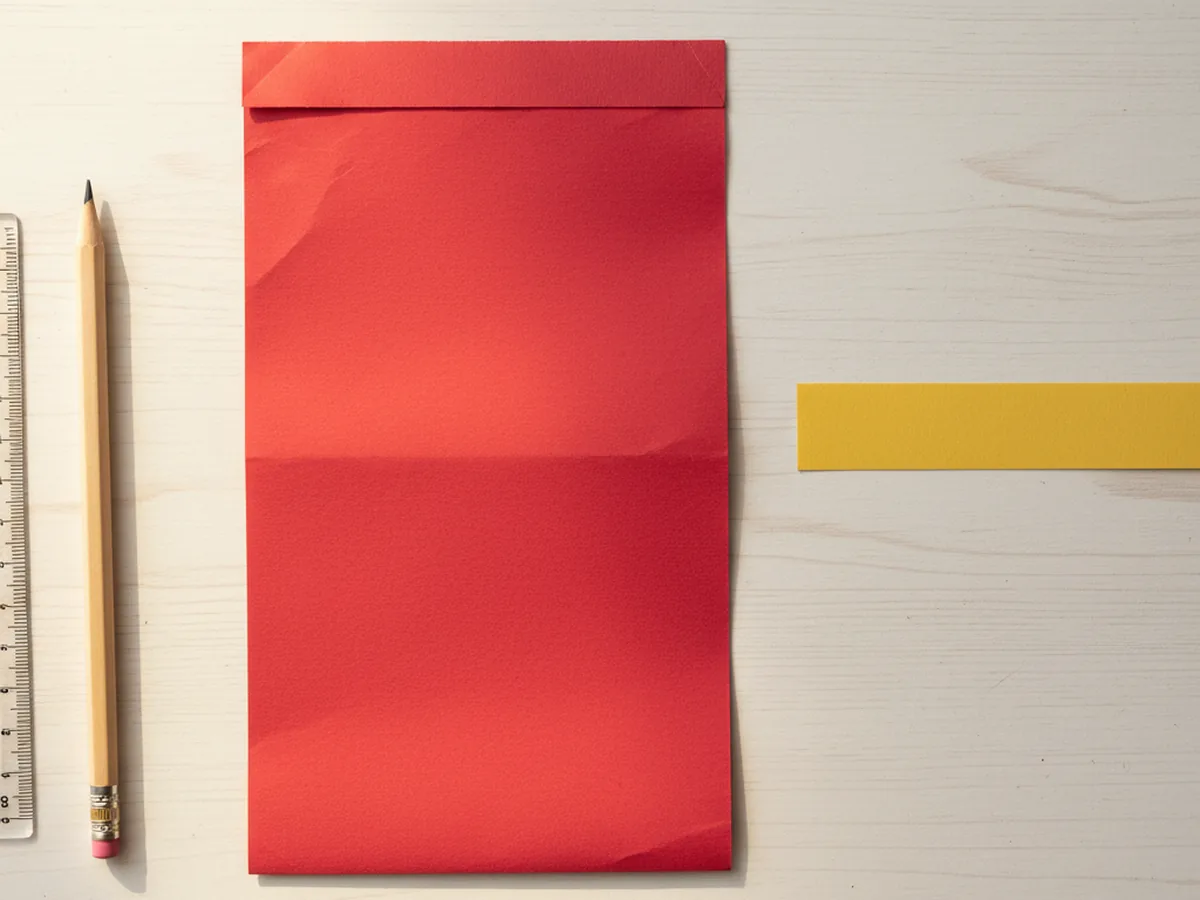 The red construction paper rectangle folded neatly in half lengthwise on a white craft table with the fold at the bottom and the open edges at the top, beside a pencil and a ruler