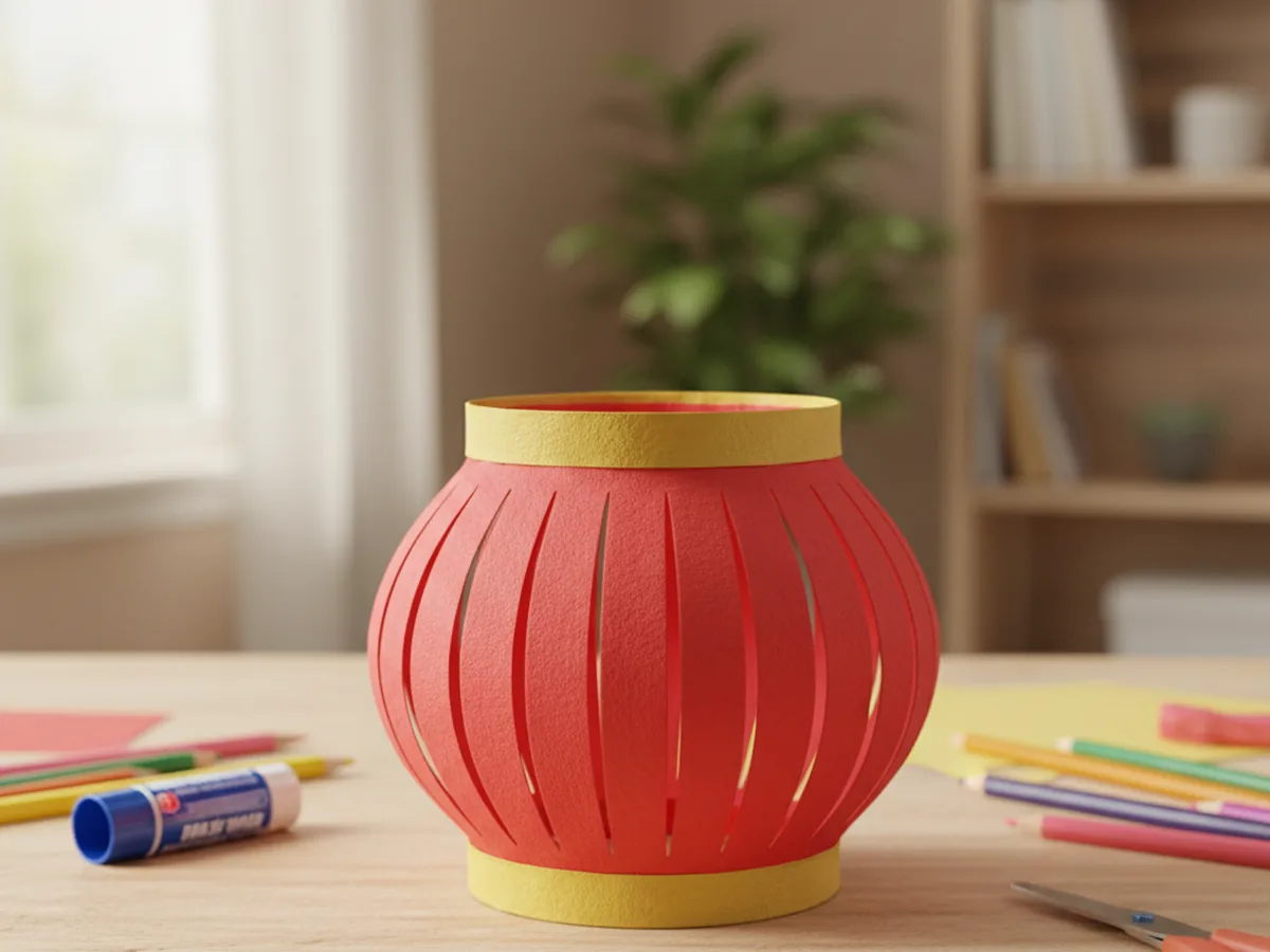 The red paper lantern cylinder now decorated with two gold yellow paper bands glued around the top and bottom openings, with the vertical slits in the middle still bowing outward like a real chinese lantern