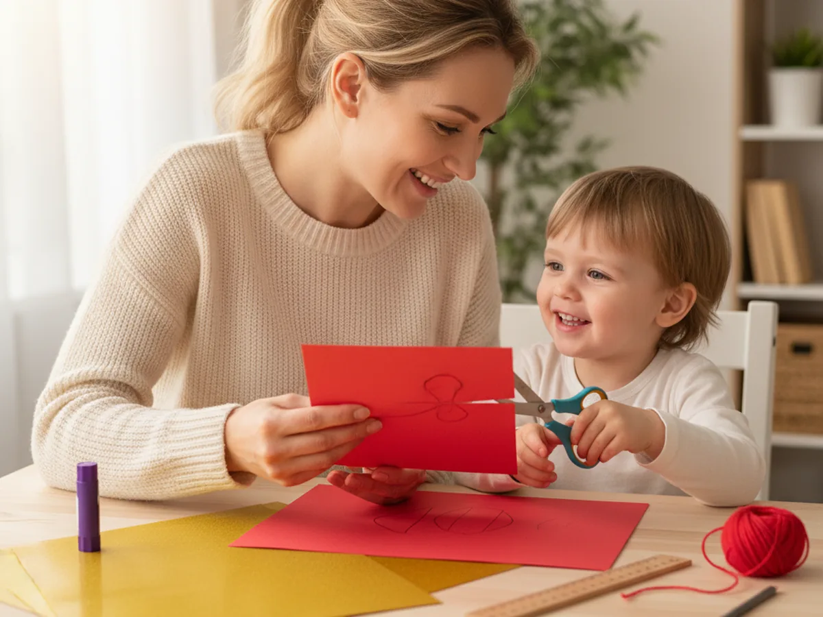 A mom and her young child sitting together at a craft table with red construction paper, gold paper, scissors, glue stick, pencil, ruler, and red yarn, ready to make a chinese lanterns paper craft