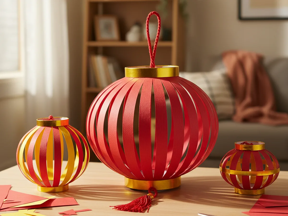 Finished red and gold chinese lanterns paper craft with vertical slits bowing outward, gold paper bands at the top and bottom, a red yarn hanging loop, and a small paper tassel