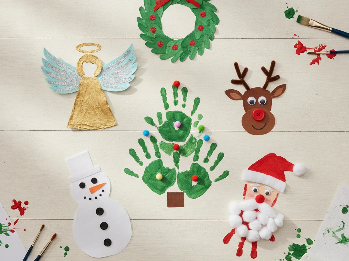 A spread of Christmas handprint crafts including a handprint tree, reindeer, Santa, snowman, angel, and wreath on a craft table