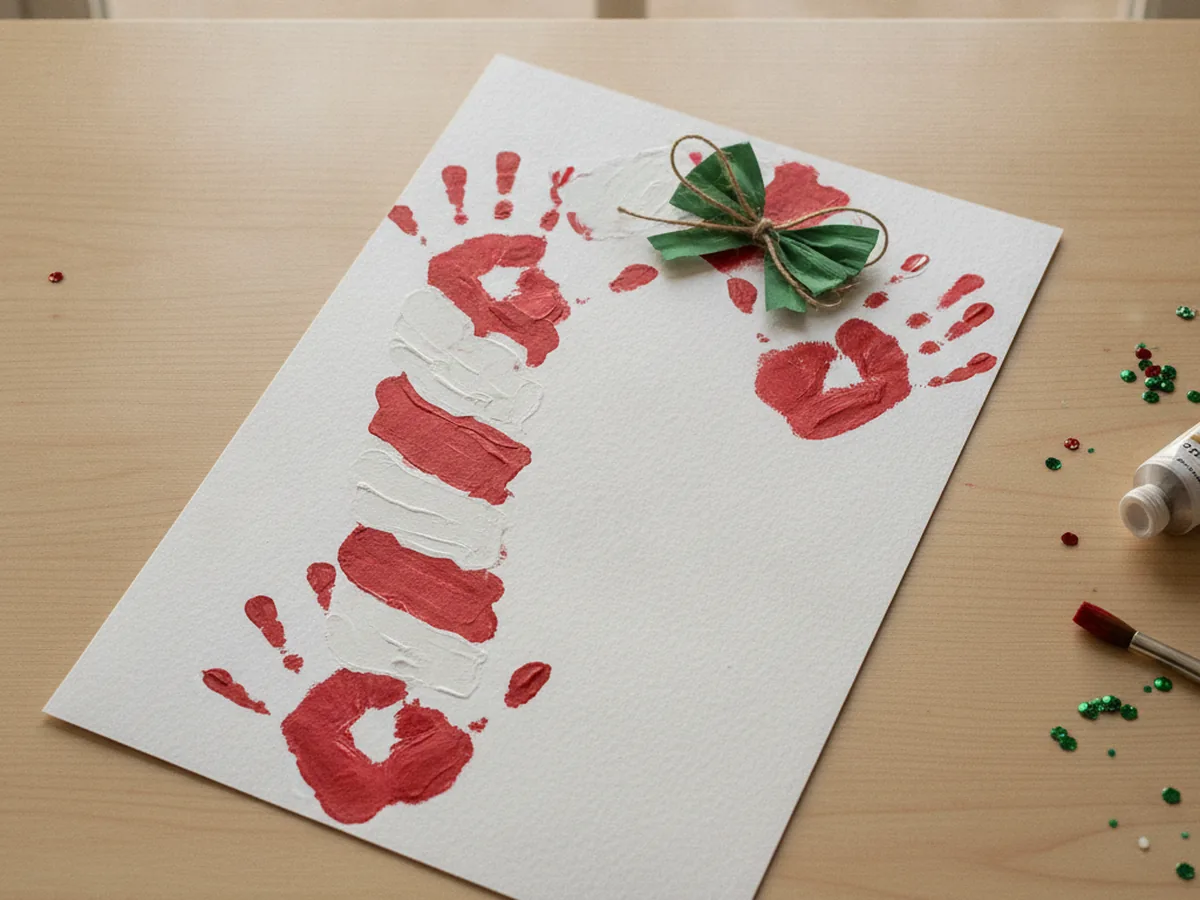 Handprint candy cane made from alternating red and white child handprints in a curved stripe with a green bow