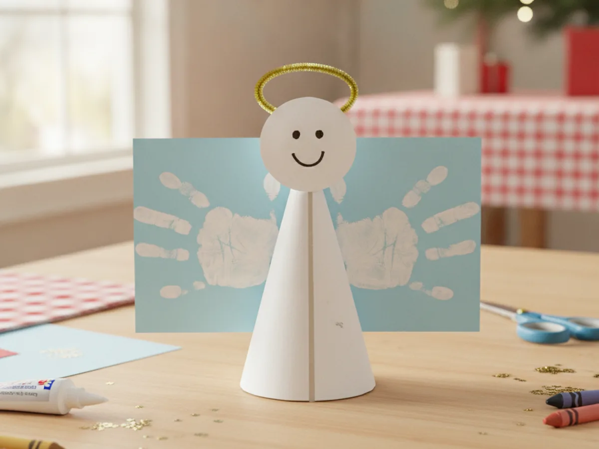 Handprint Christmas angel with two white handprint wings, a paper cone body, and a gold pipe cleaner halo